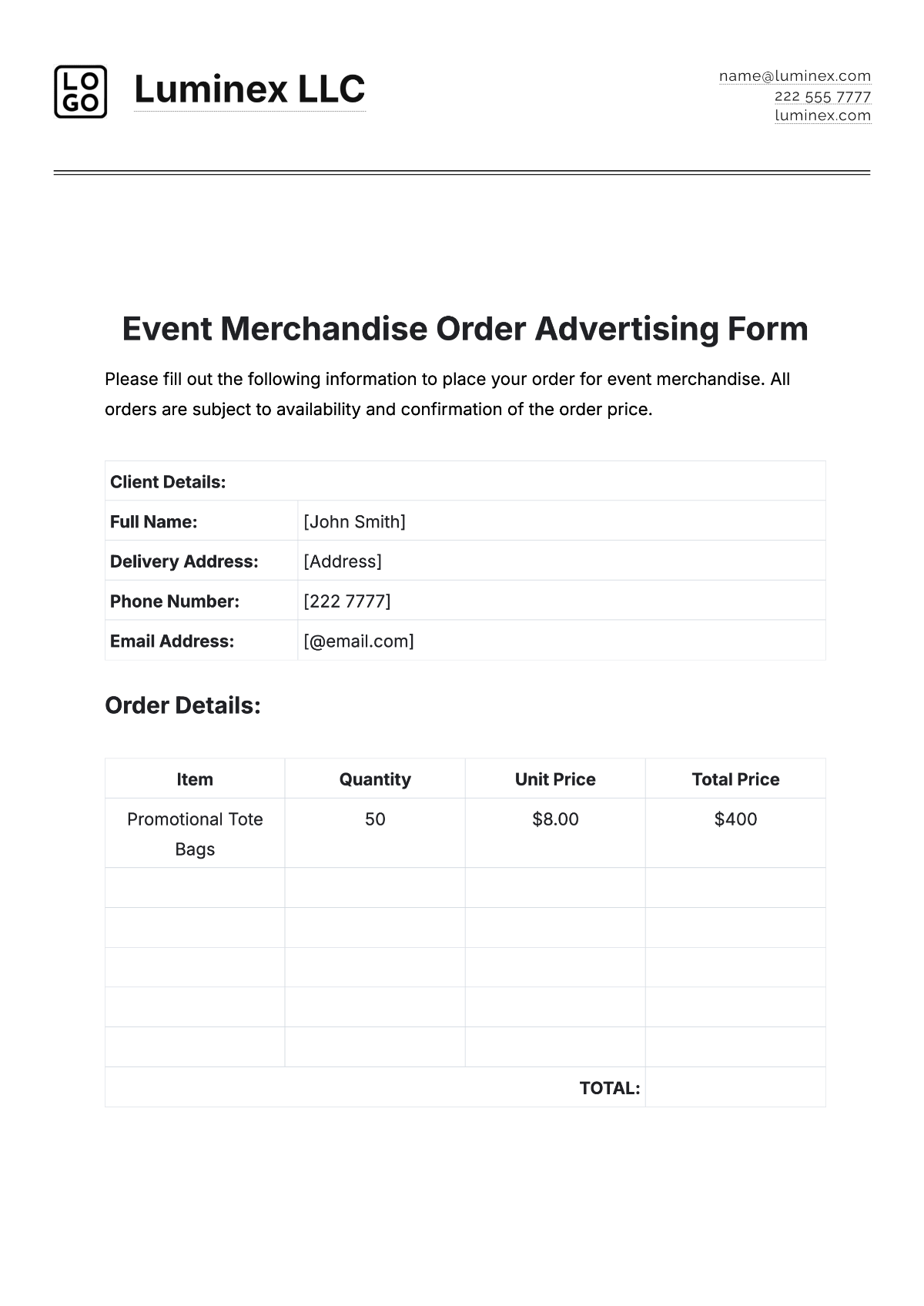 Free Event Merchandise Order Advertising Form Template to Edit Online