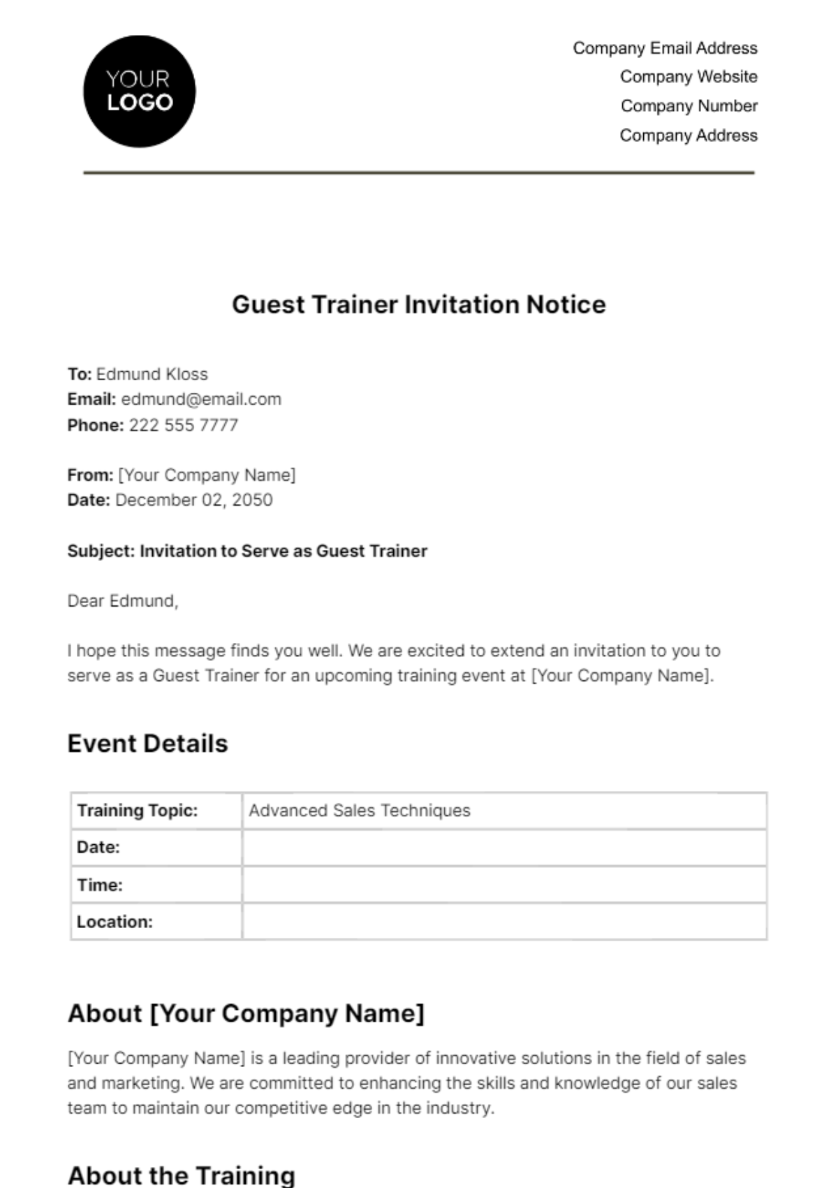 Free Guest Trainer Invitation Notice HR Template to Edit Online