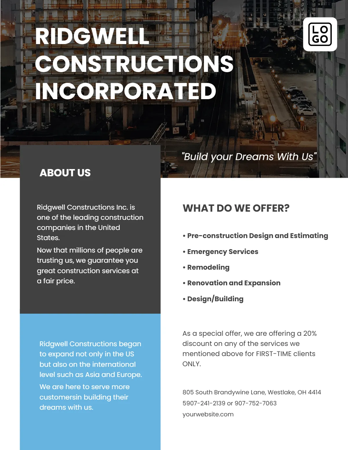 Free Modern Construction Leaflet Template to Edit Online