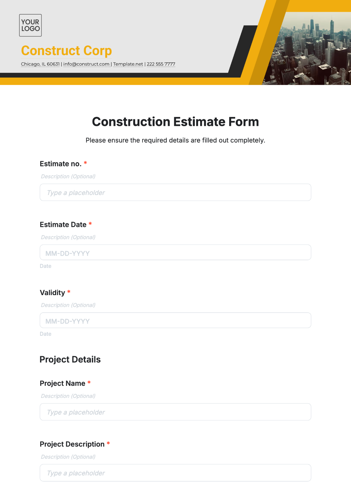 Free Construction Estimate Form Template to Edit Online