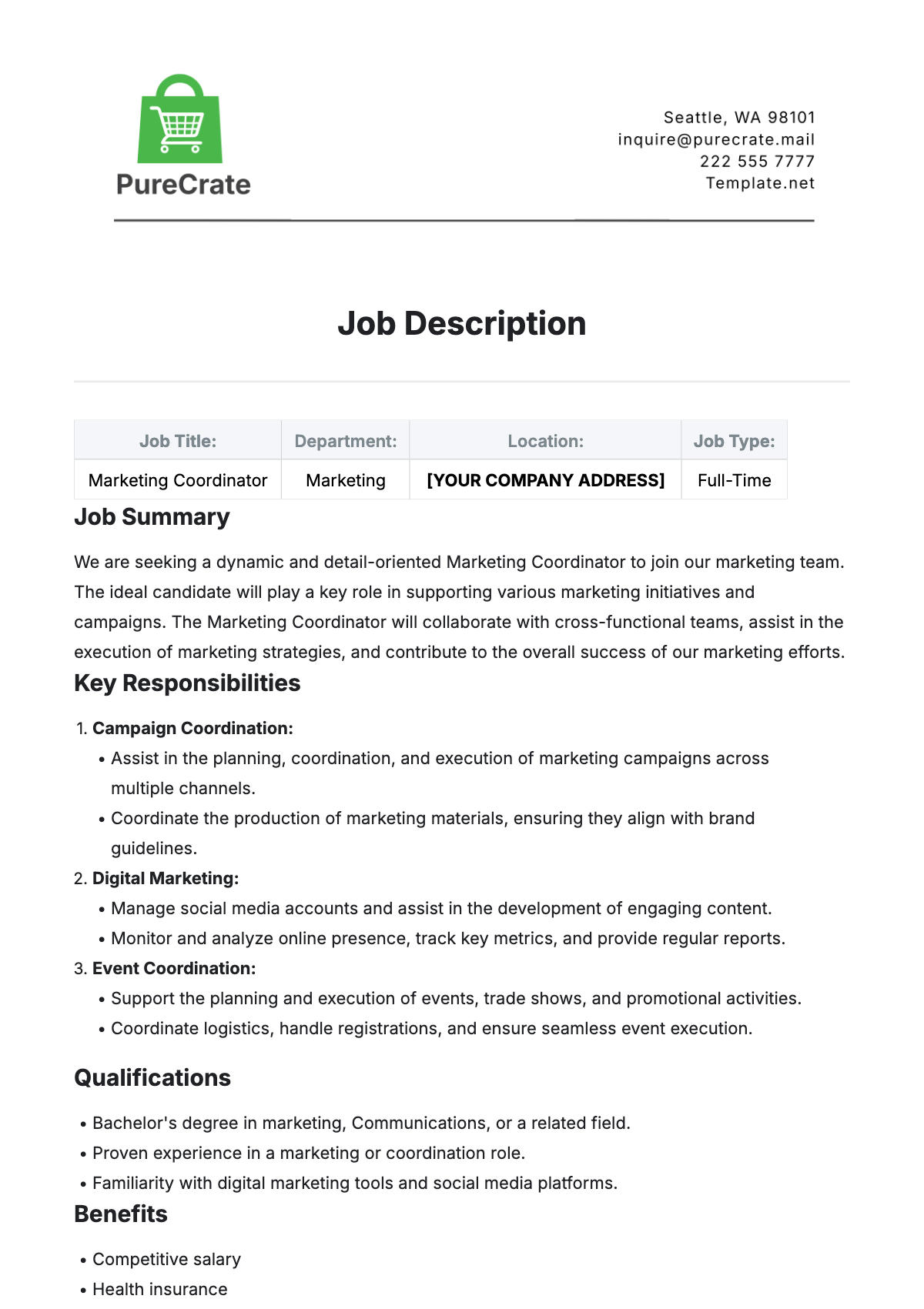 Free Job Description Template to Edit Online