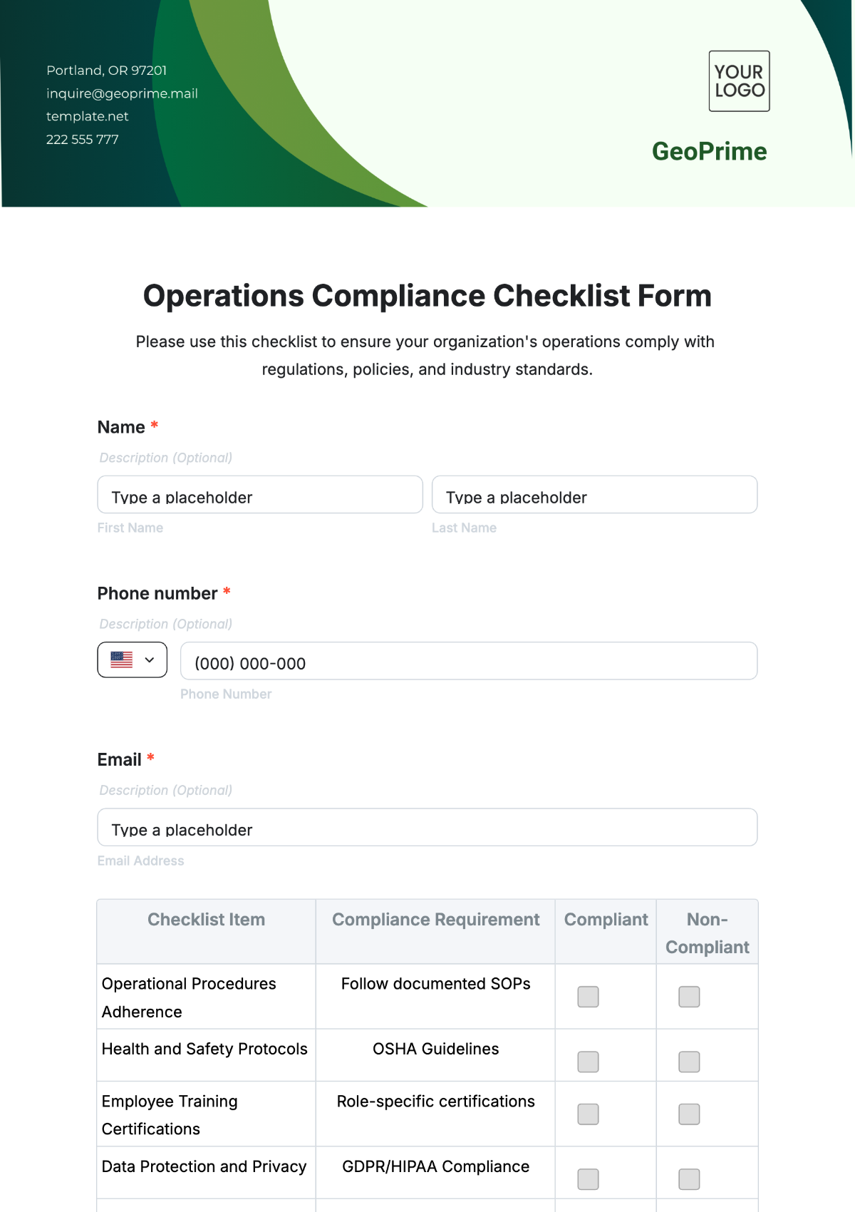 Free Operations Compliance Checklist Template to Edit Online