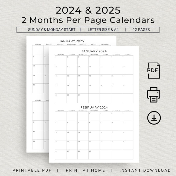 Printable Calendar 2 Months Per Page 2025