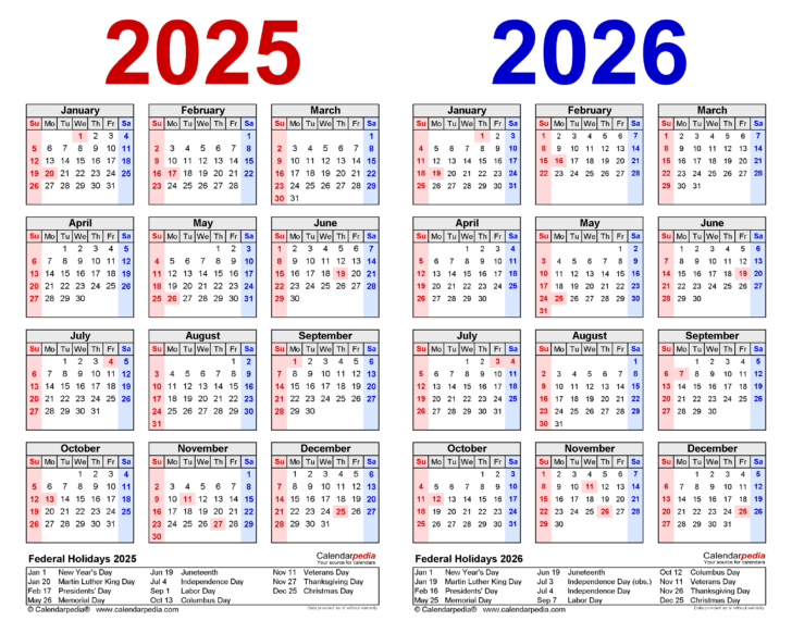 2025 and 2026 Calendar Printable Free