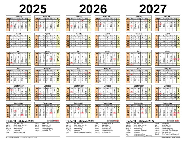 5 Year Calendar 2025 to 2028 Printable