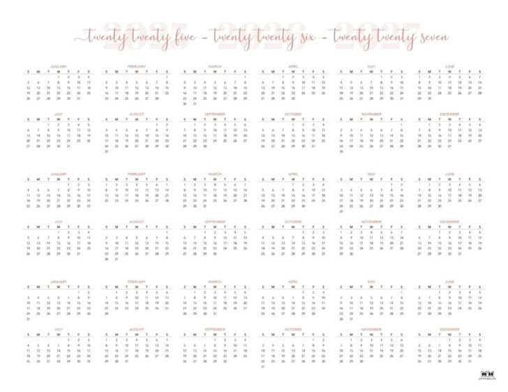 5 Year Calendar 2025 to 2027 Printable