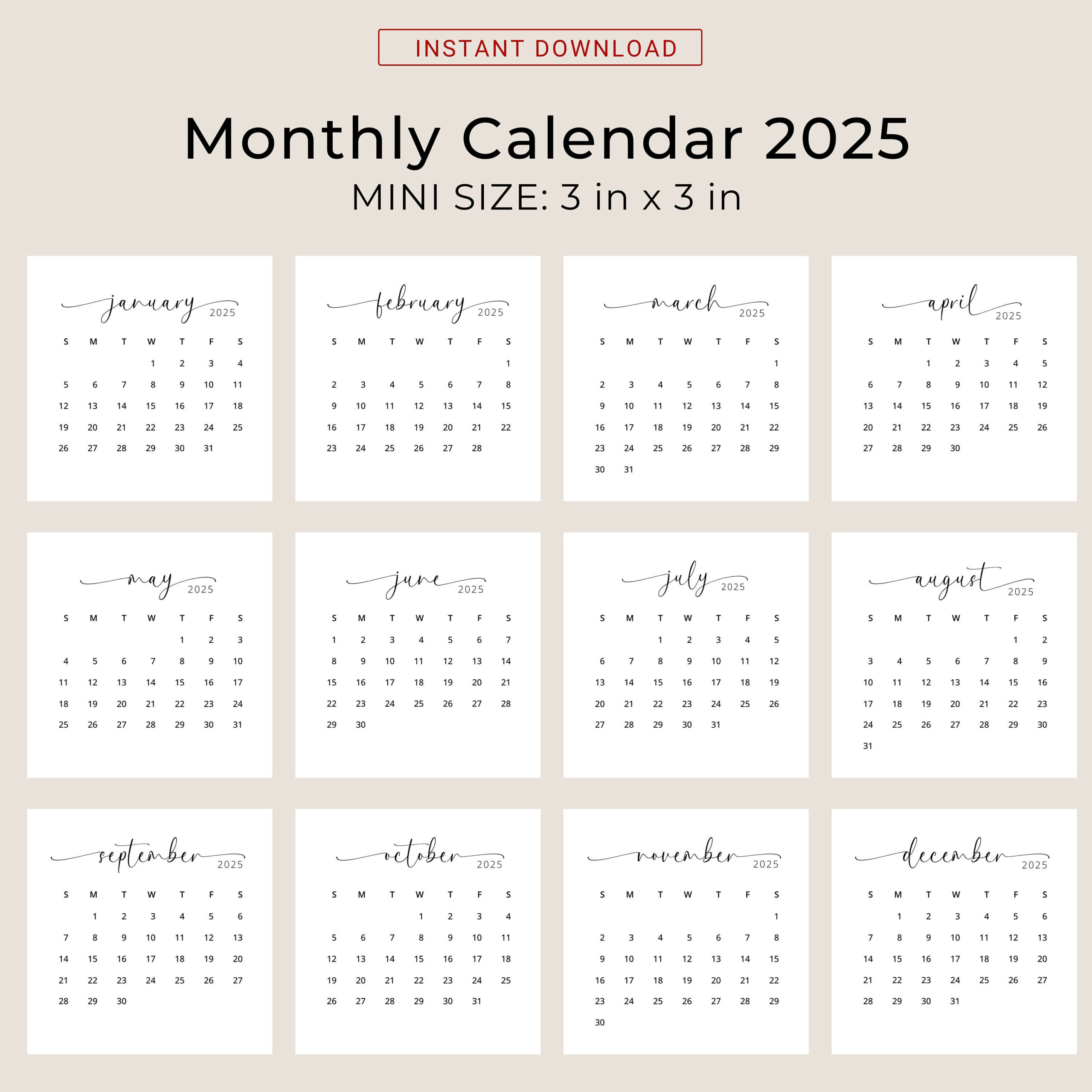 2025 3X3 Minikalender 2025 Kalenderkarte 2025 Taschenkalender with regard to Mini Calendar 2025 Printable