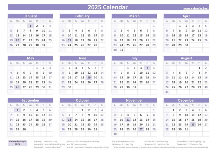 Printable Free 2025 Calendar with Holidays