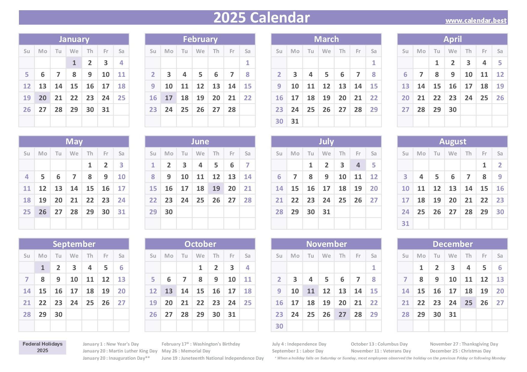 2025 Calendar With Holidays (Us Federal Holidays) throughout 2025 Calendar Printable With Holidays Usa