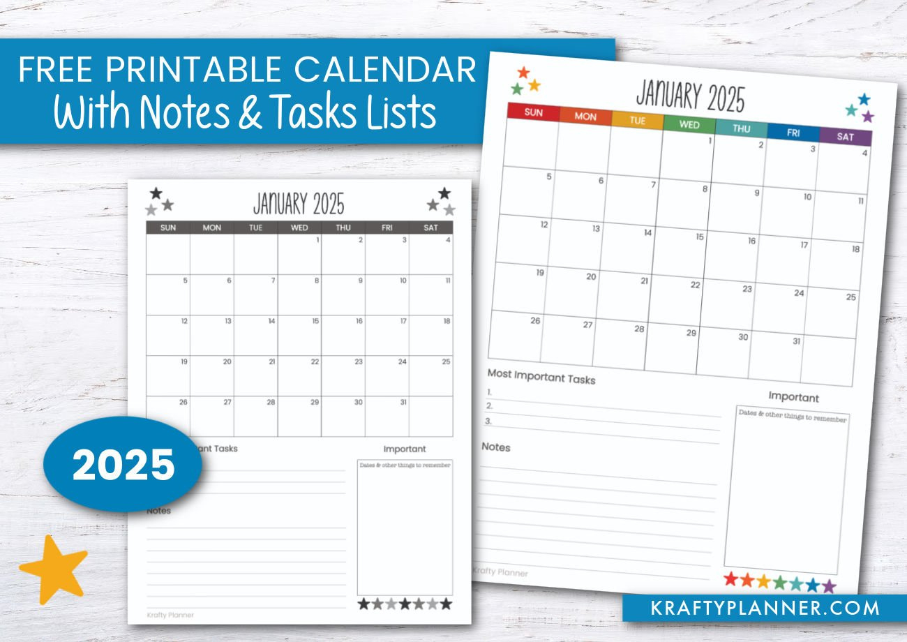 2025 Calendar With Notes And Task Lists — Krafty Planner pertaining to Printable Calendar 2025 With Notes