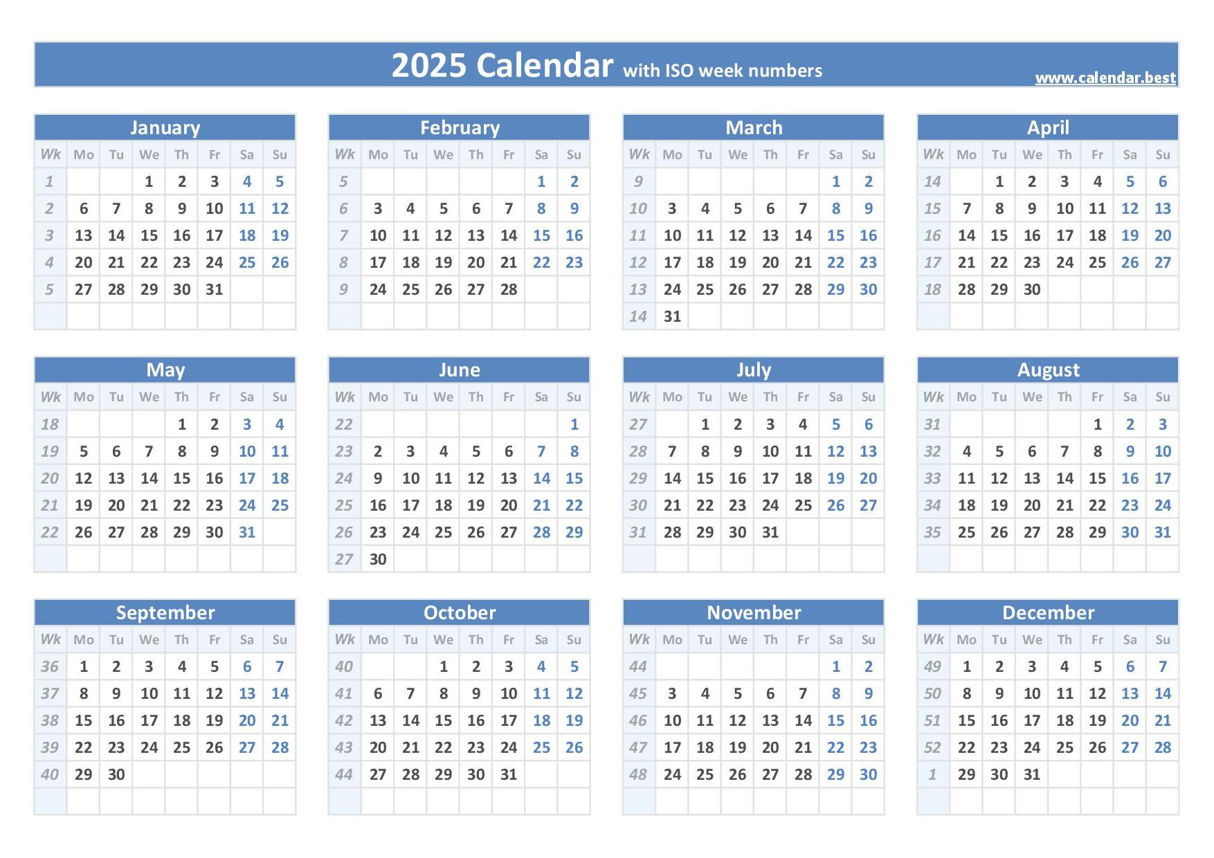 2025 Calendar With Week Numbers (Us And Iso Week Numbers) in 2025 Calendar by Week Number Printable