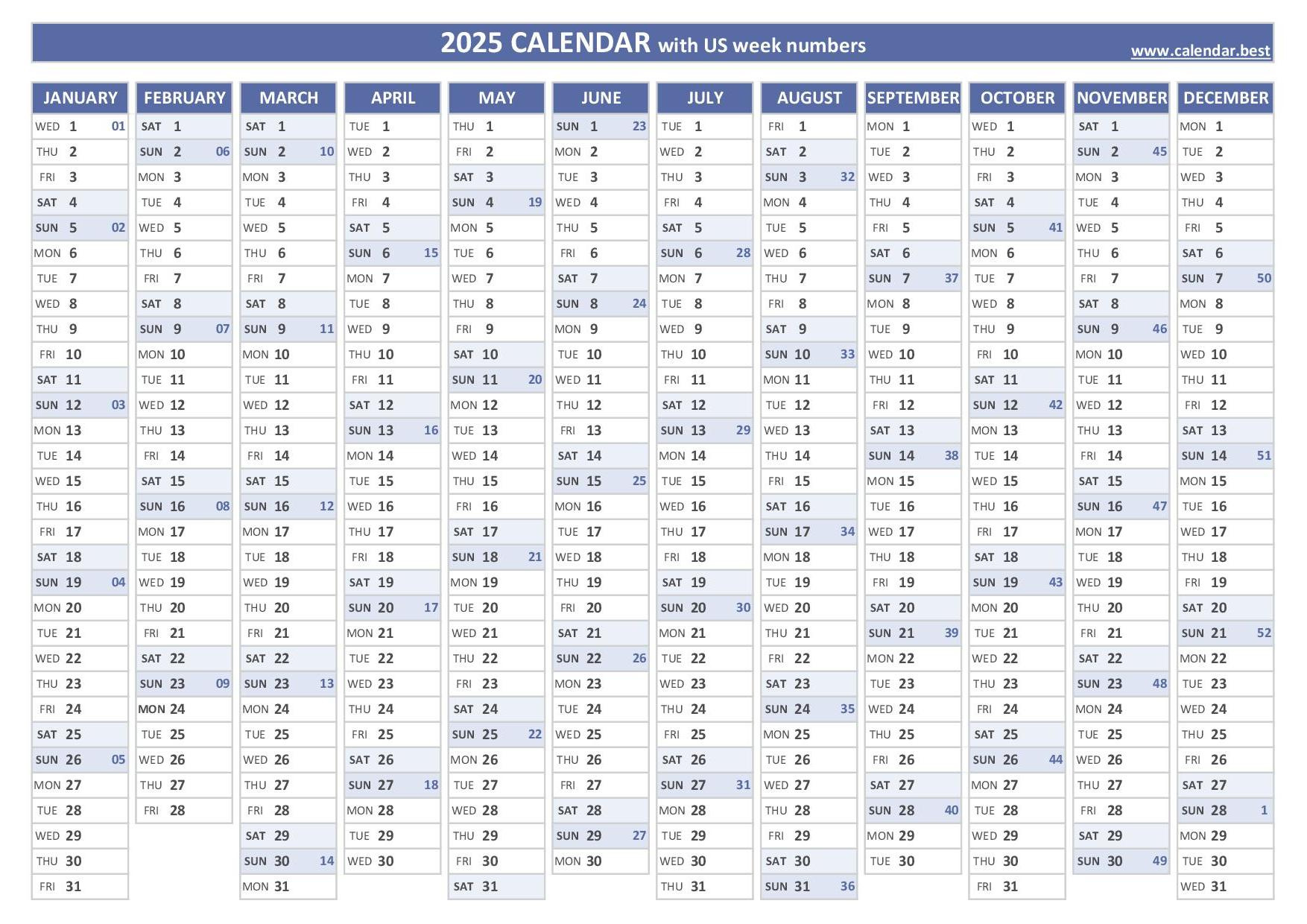 2025 Calendar With Week Numbers (Us And Iso Week Numbers) with regard to Printable Calendar 2025 With Week Numbers