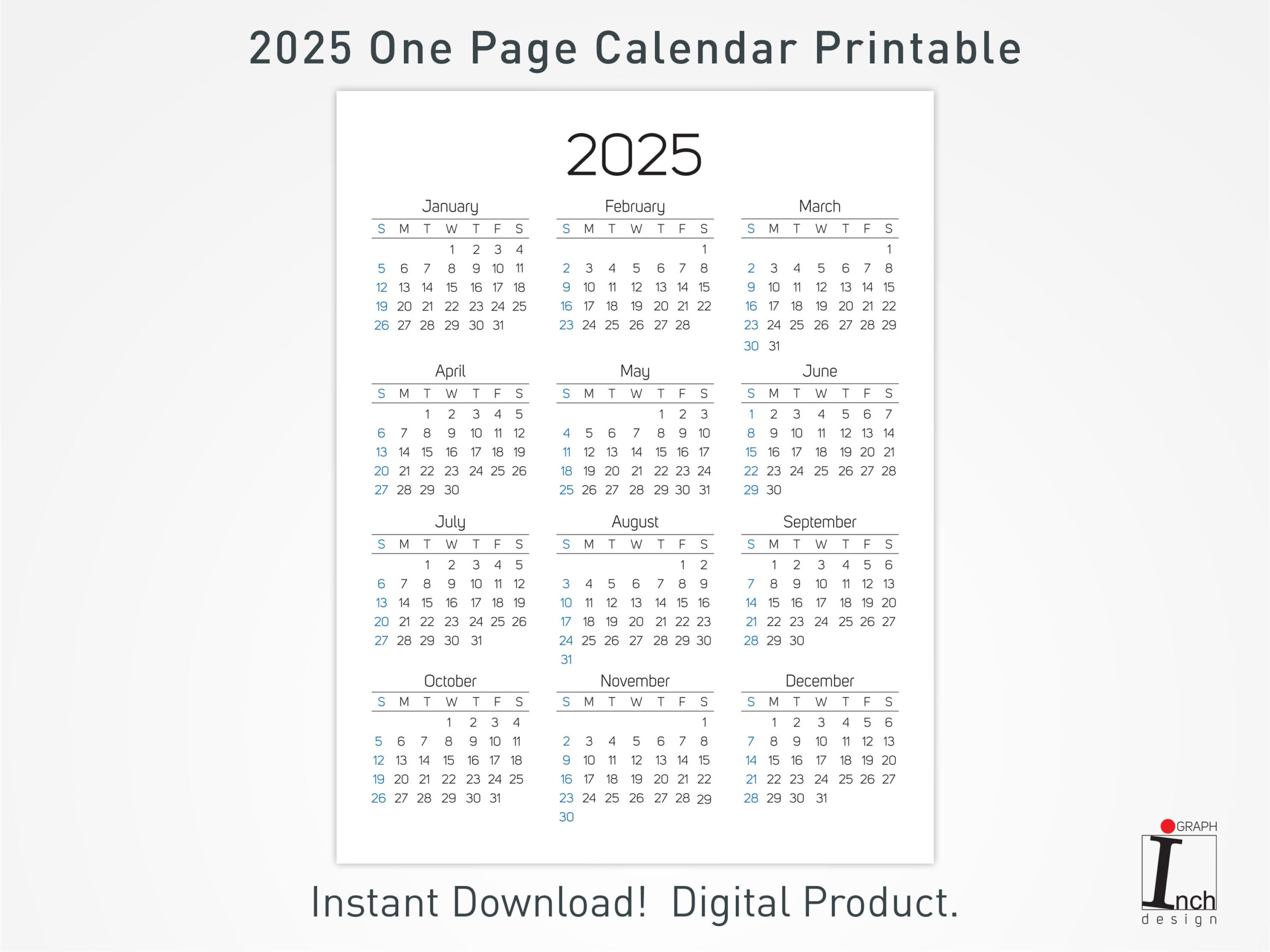 2025 Druckbarer Kalender, 12 Monate Einseitiger Kalender in Printable 1 Month Calendar 2025