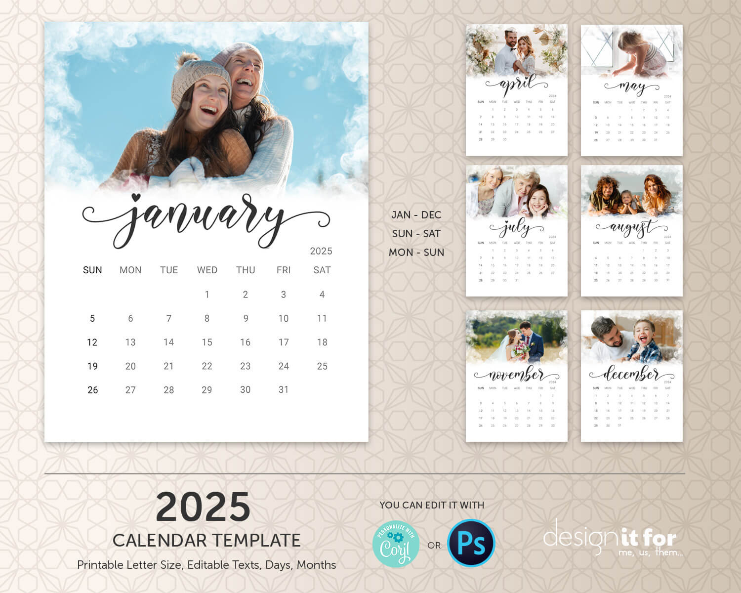 2025 Photo Calendar Template, Printable Calendar, Easy Editable within Birthday Calendar 2025 Board Printable