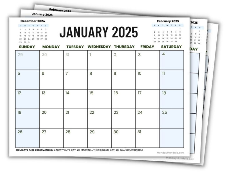 Free Printable 2025 Monthly Calendar with Holidays Monday Start