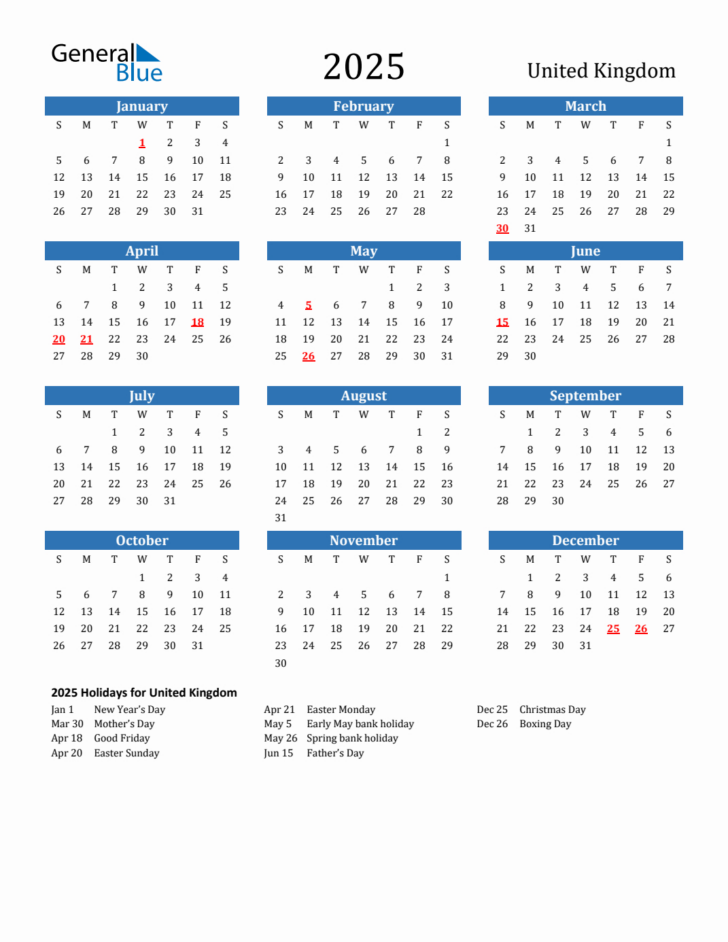 2025 Calendar with Bank Holidays Printable