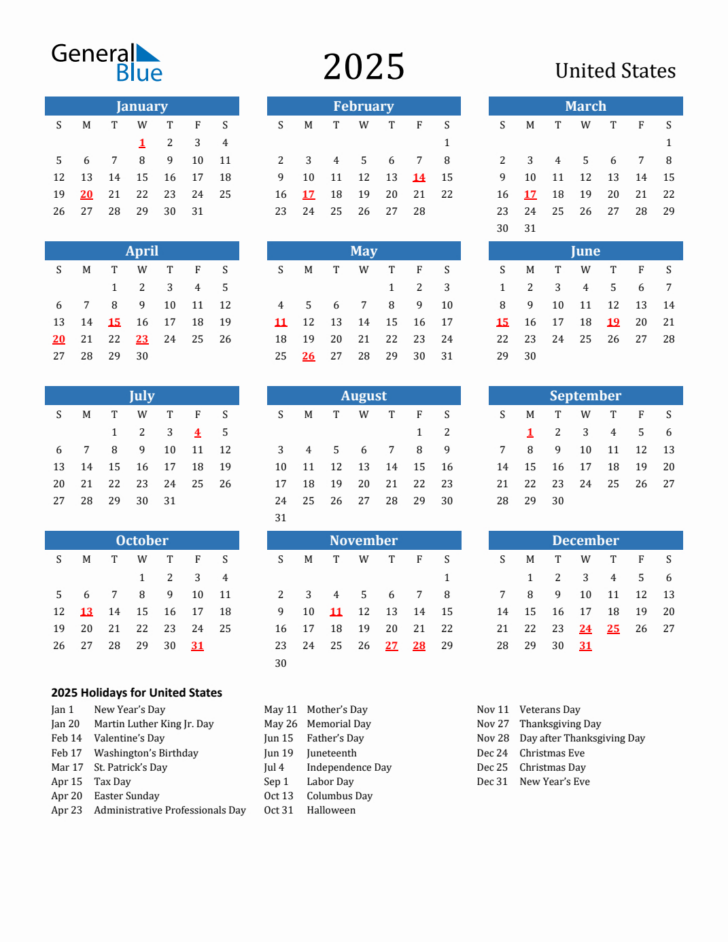 2025 Year Calendar with Holidays Printable