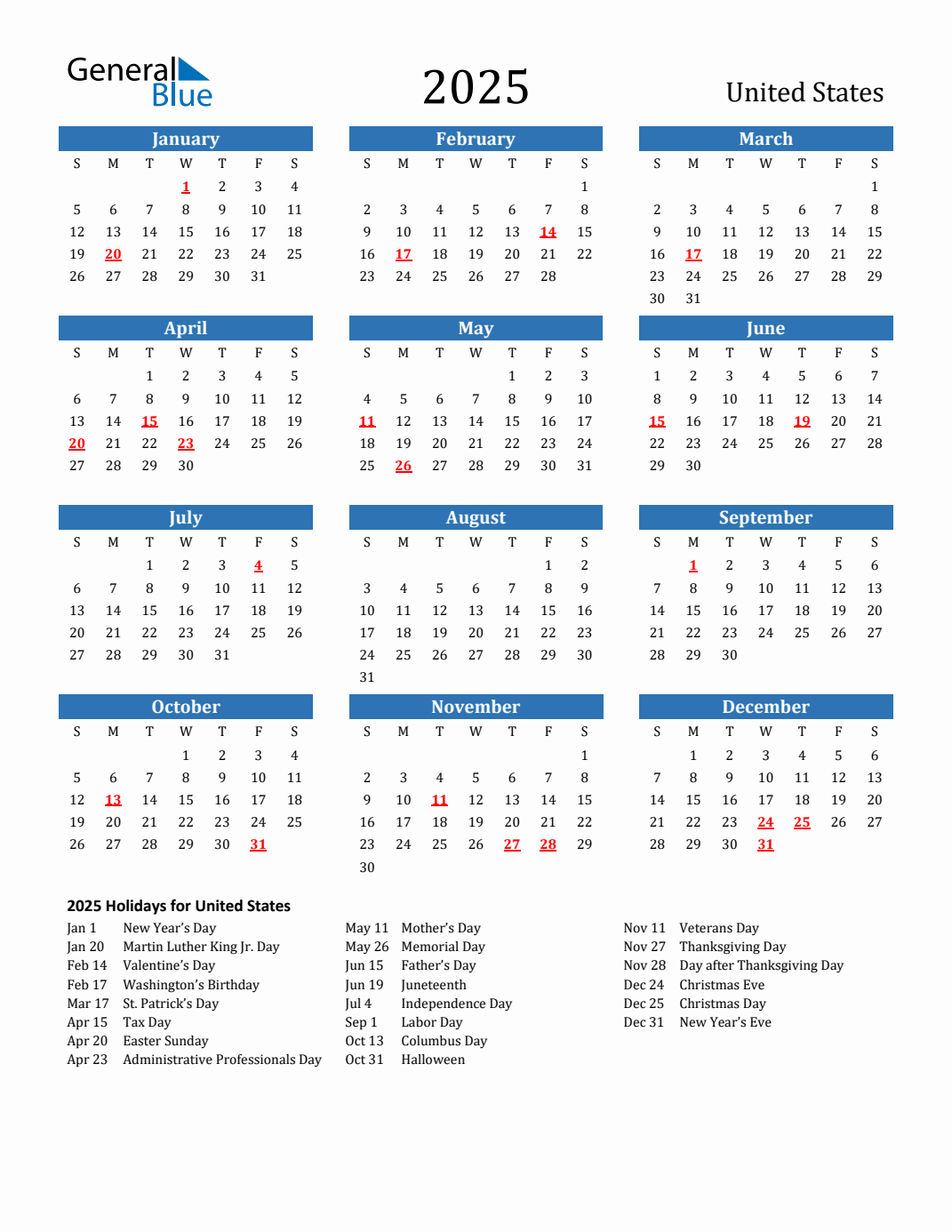 2025 United States Calendar With Holidays with 2025 Holiday Calendar USA Printable