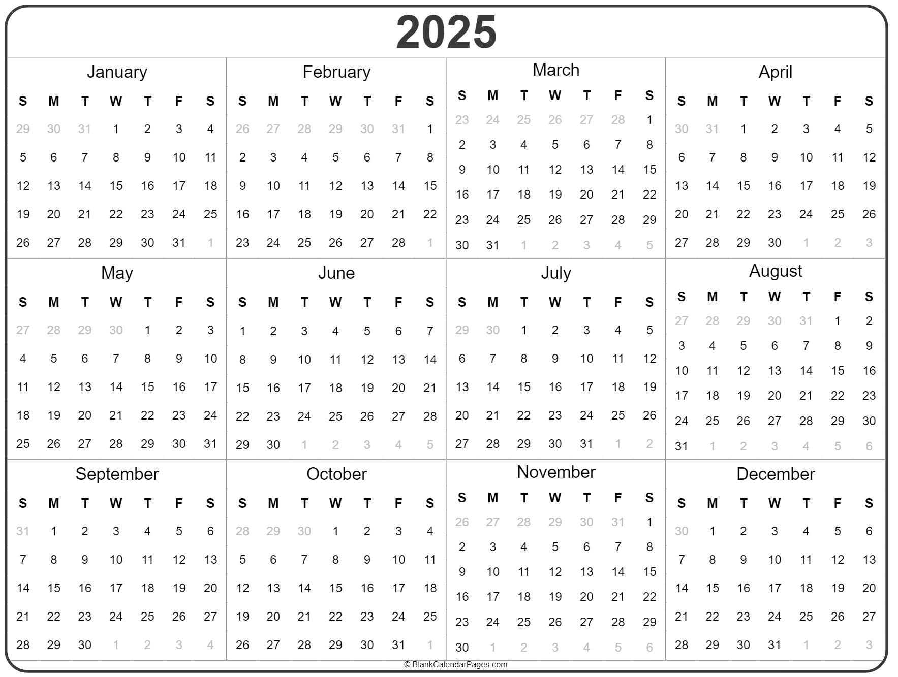 2025 Year Calendar | Yearly Printable for 2025 Full Year Calendar Free Printable