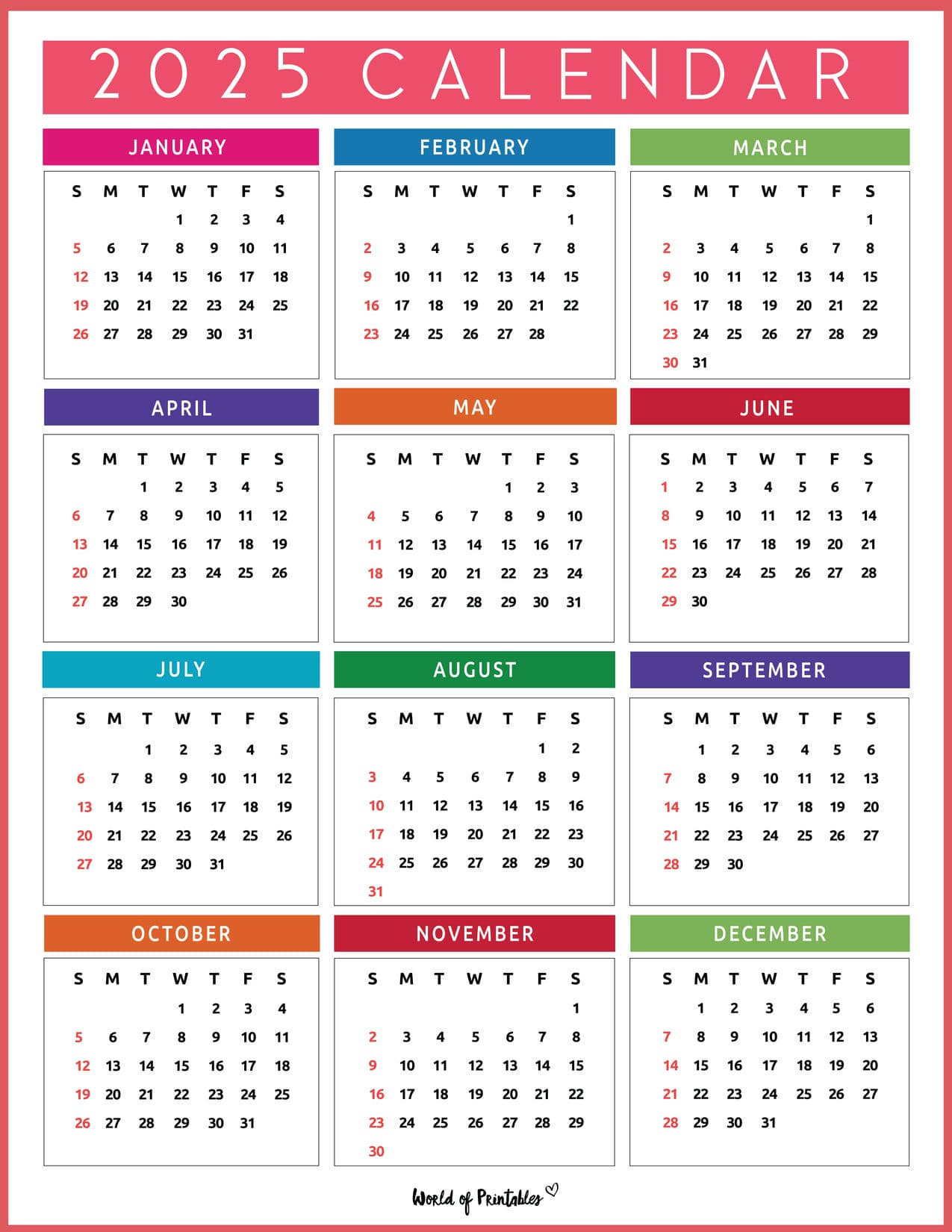 2025 Year Calendars - 70 Best Printables - World Of Printables for 2025 Single Page Calendar Printable