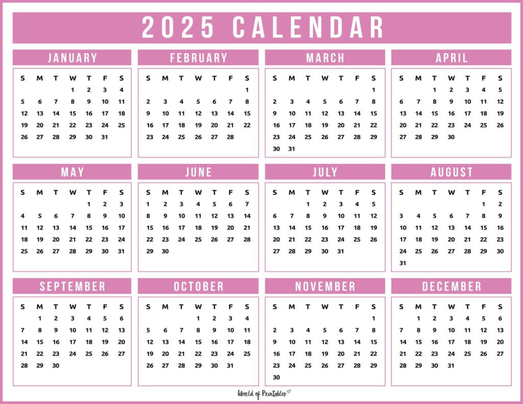 2025 Year Calendars - 70 Best Printables - World Of Printables inside 2025 Calendar Printable Pink