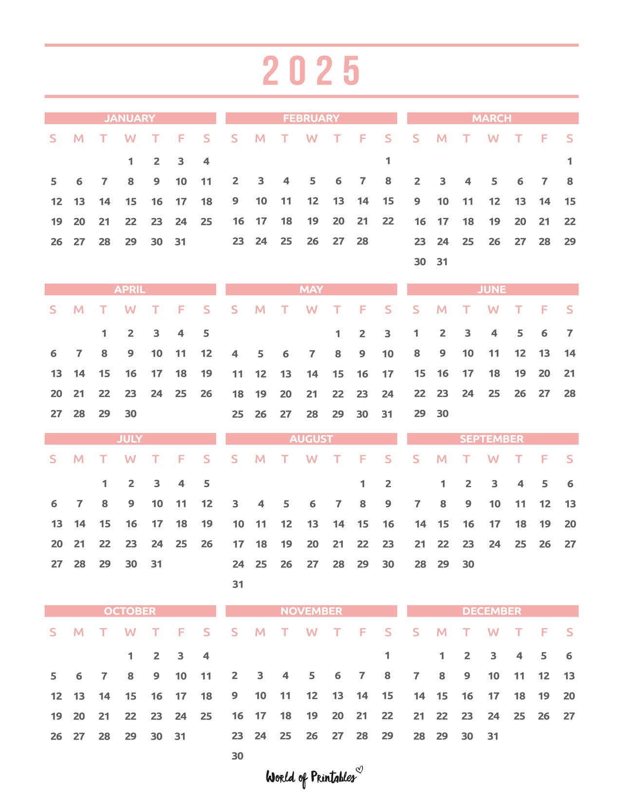 2025 Year Calendars - 70 Best Printables - World Of Printables throughout 2025 Calendar Printable Pink