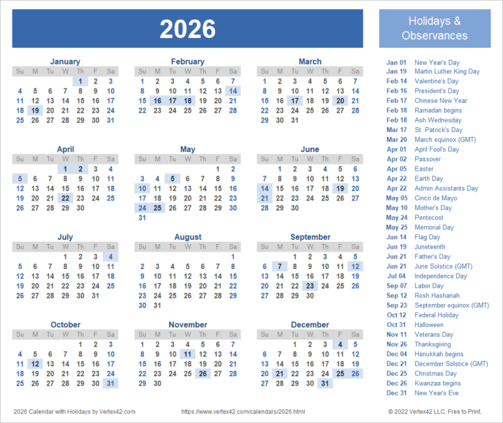 2025 and 2026 Calendar with Holidays Printable Free