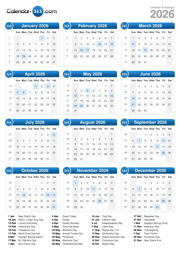 2026 Printable Calendar with Holidays