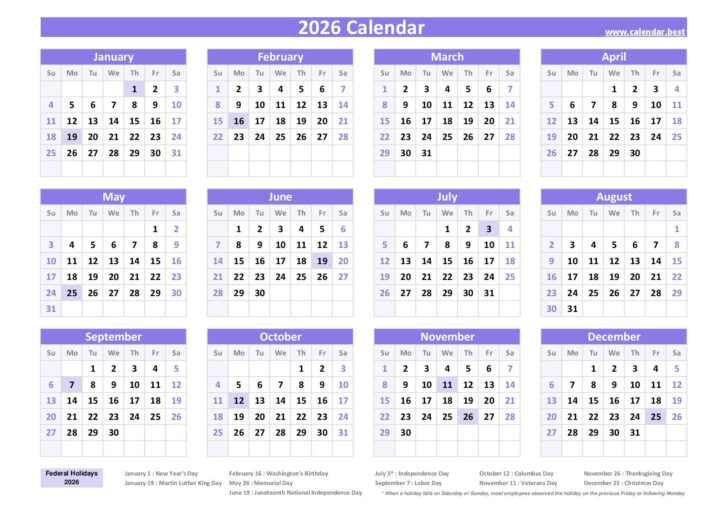 Free Printable 2026 Monthly Calendar with Holidays