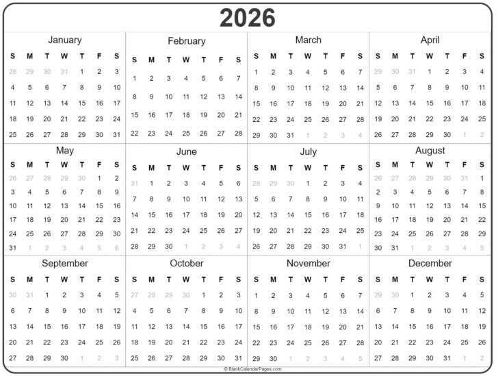 Year at a Glance Calendar 2026 Free Printable