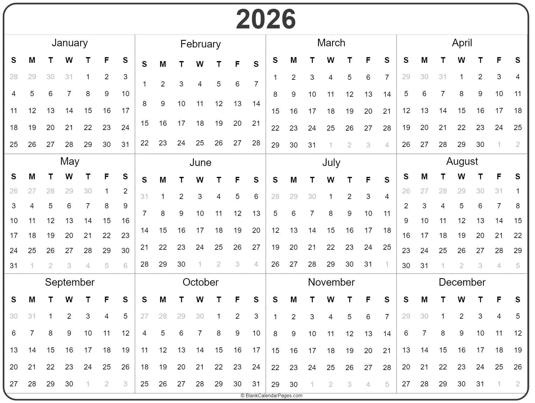 2026 Year Calendar | Yearly Printable with 2026 Yearly Printable Calendar