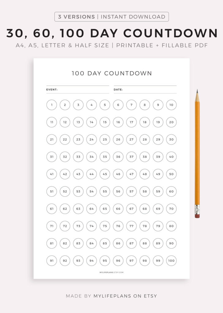 200 Day Countdown Calendar Printable