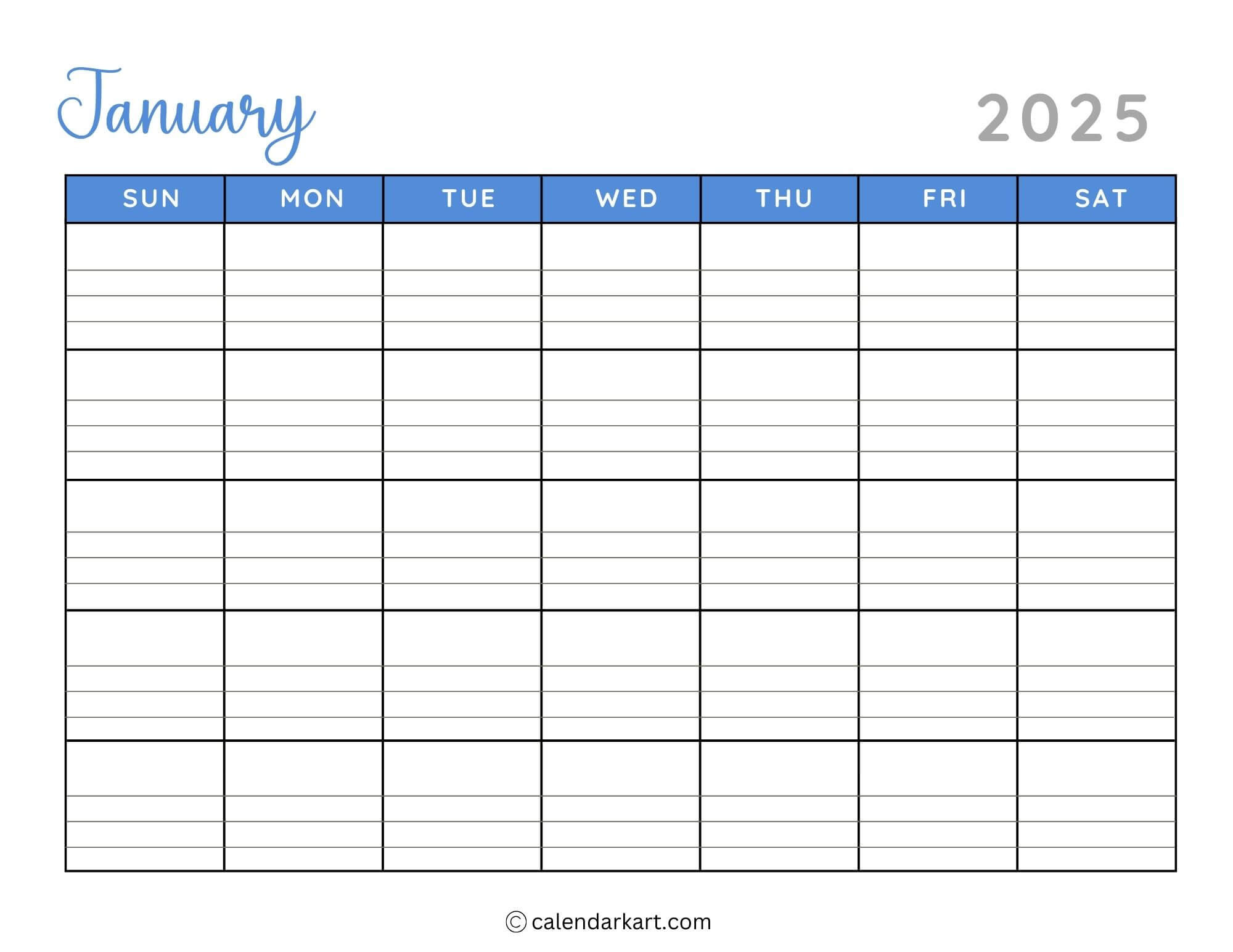 40+ Printable January 2025 Calendars | Free Pdf - Calendarkart inside 2025 Calendar With Lines Printable