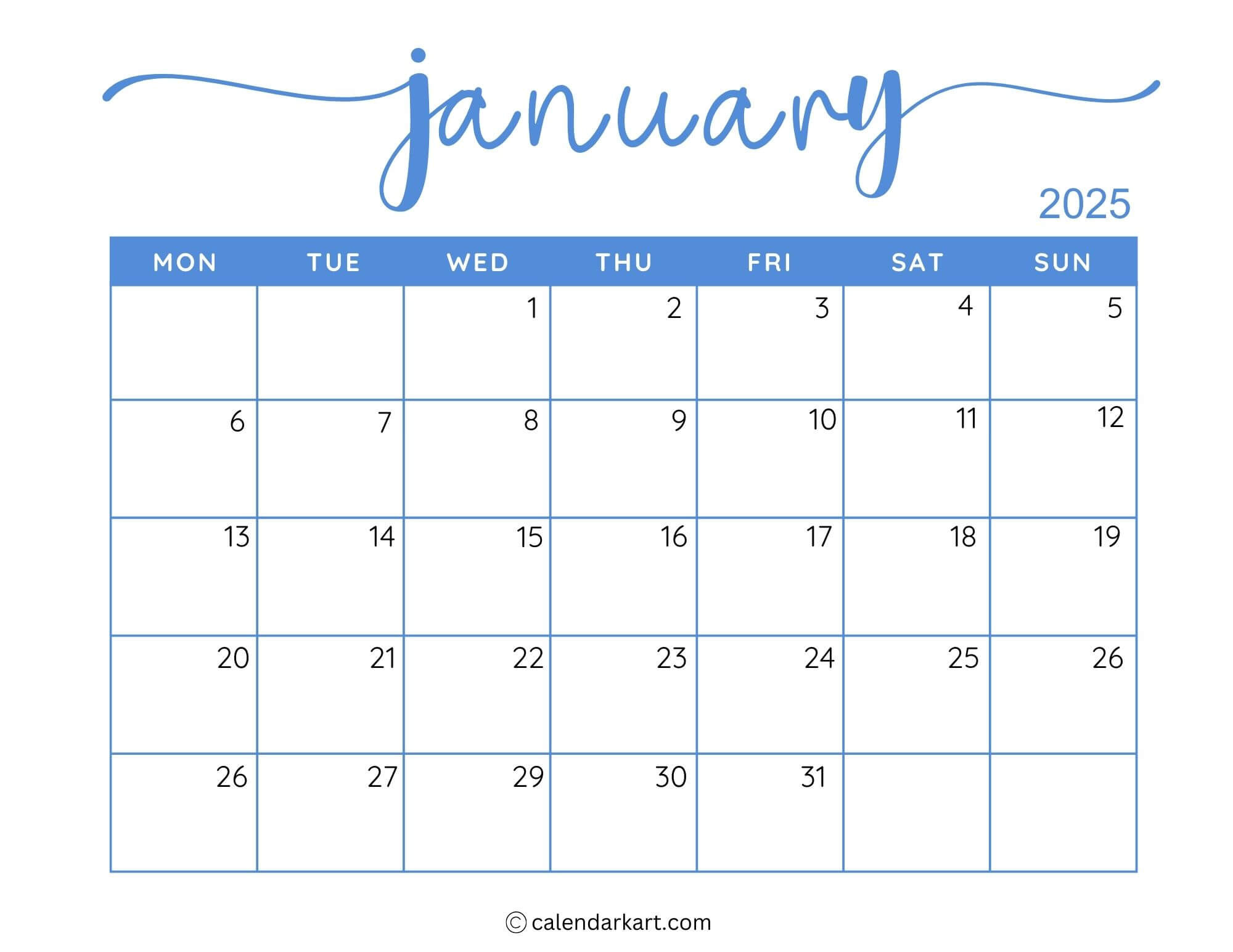 40+ Printable January 2025 Calendars | Free Pdf - Calendarkart with regard to January Calendar 2025 Printable