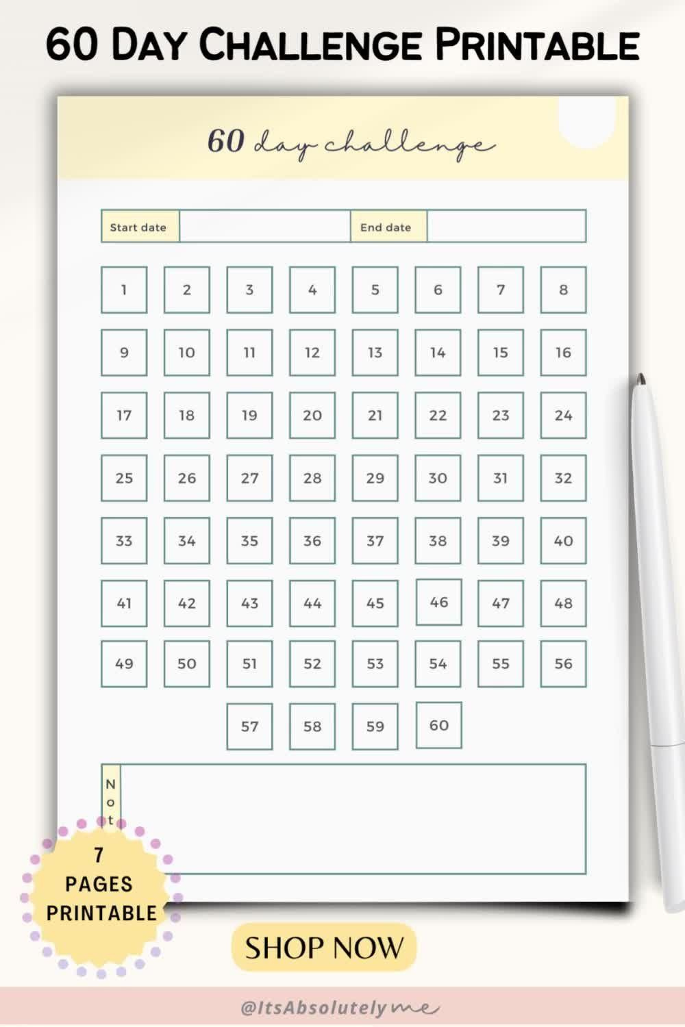 60 Day Challenge, 60 Day Challenge Printable, 60 Day Countdown, 60 Days Challenge, Printable Pdf inside 60 Day Calendar Printable