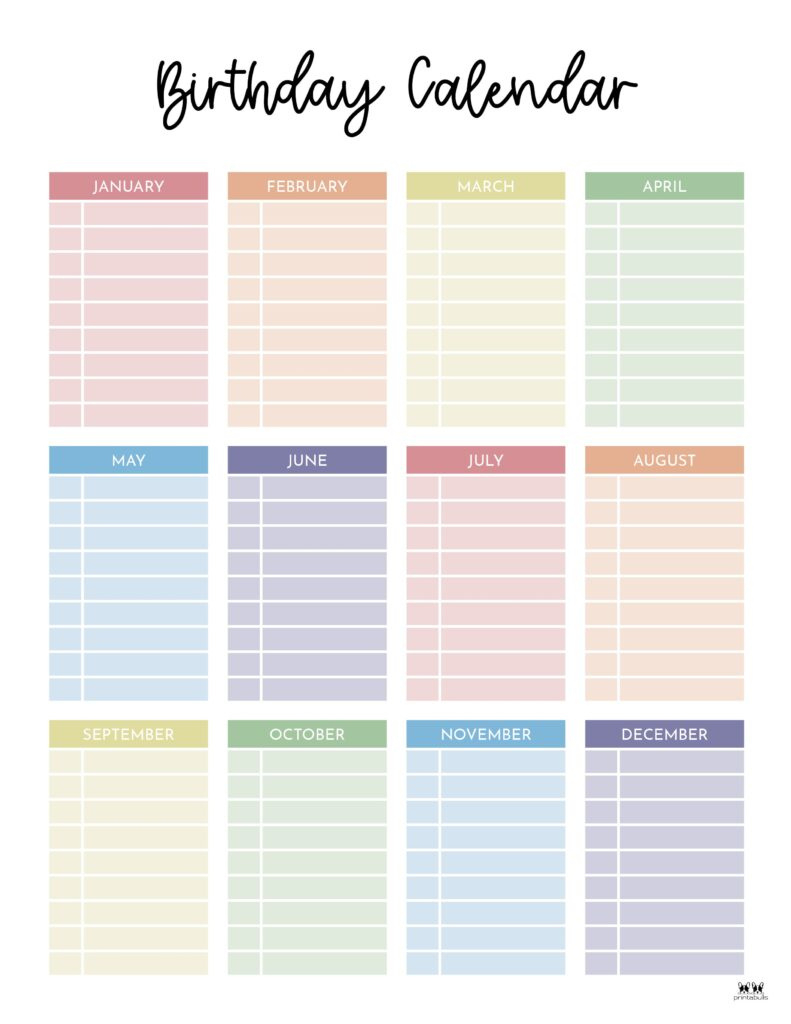 Birthday Calendars &amp;amp; Trackers - 20 Free Printables | Printabulls inside Birthday Calendar 2025 Board Printable