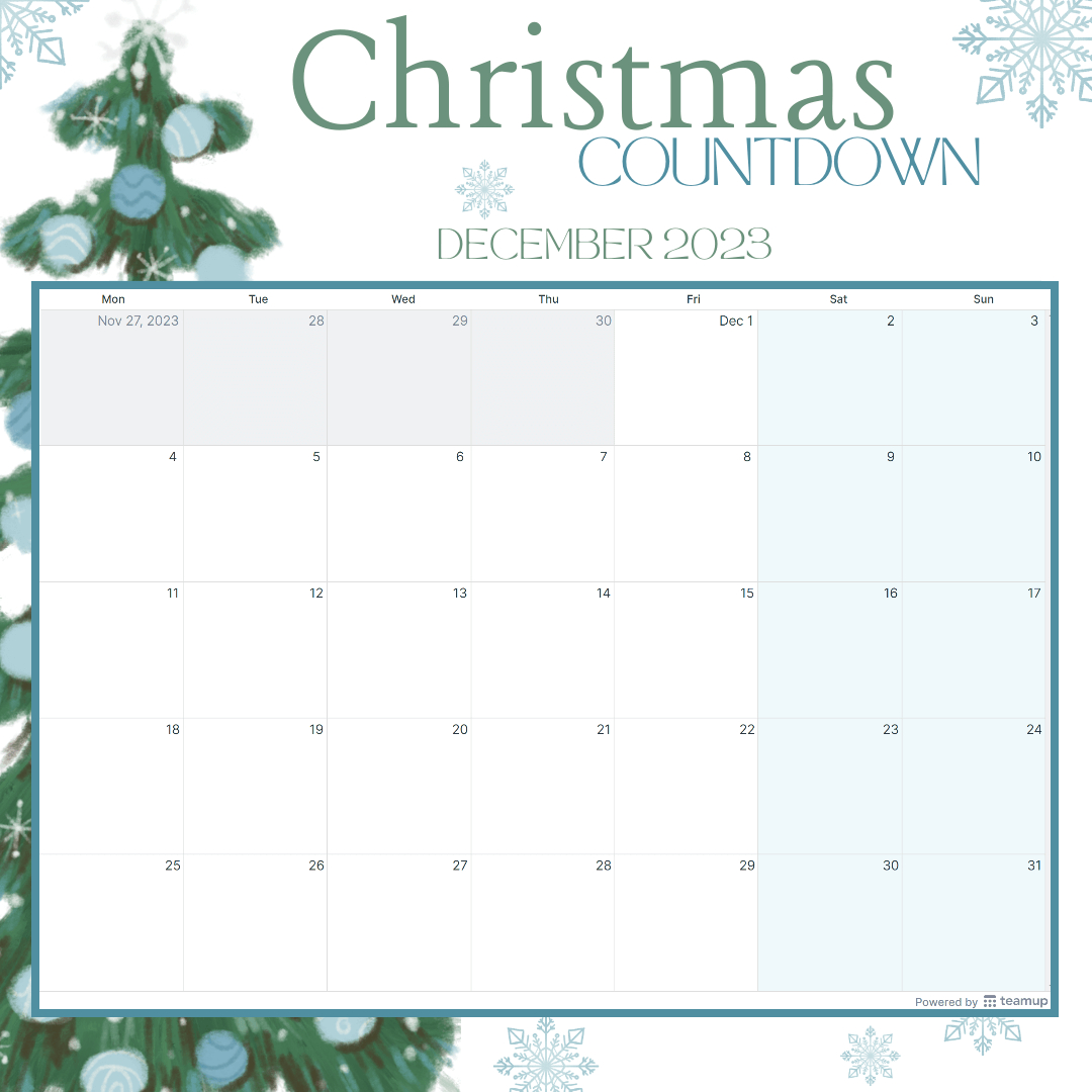 Christmas Countdown Calendar Templates - Teamup pertaining to Countdown Calendar 2025 For Christmas Printable