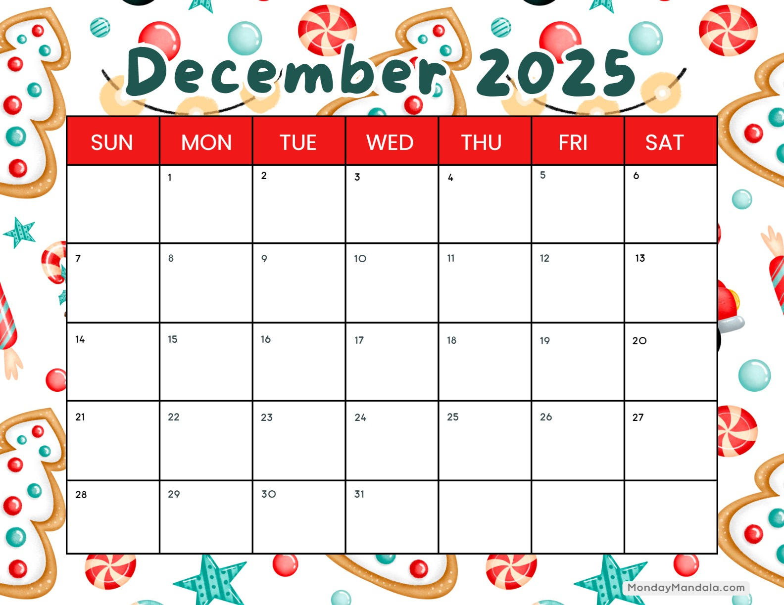 December 2025 Calendar (52 Free Pdf Printables) with Advent Calendar 2025 Printables Free