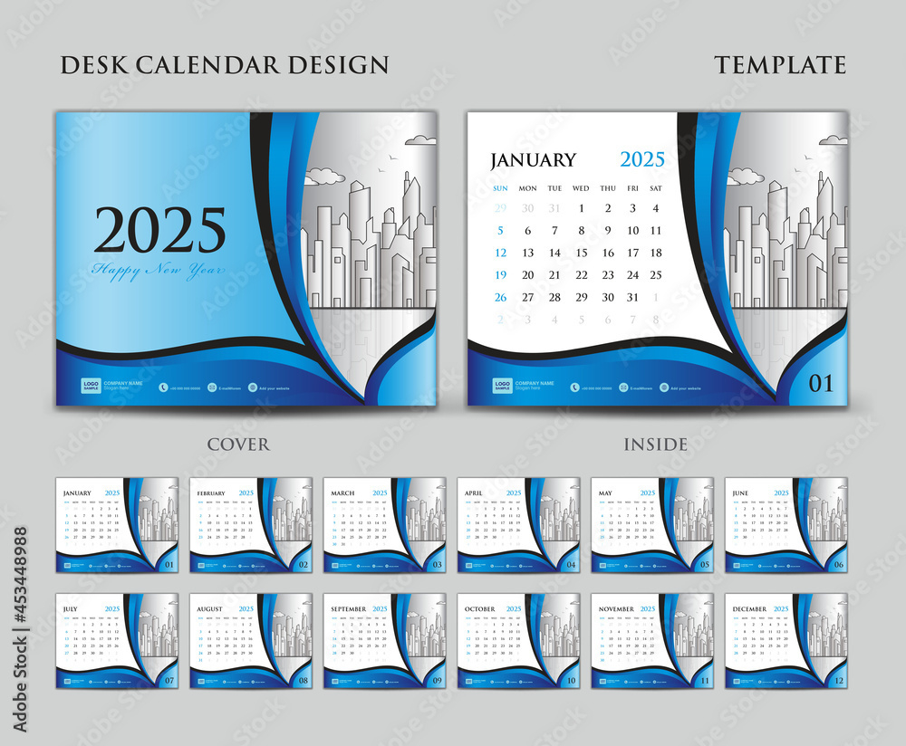 Desk Calendar 2025 Template Set, Cover Design, Blue Background with regard to 2025 Printable Desk Calendar