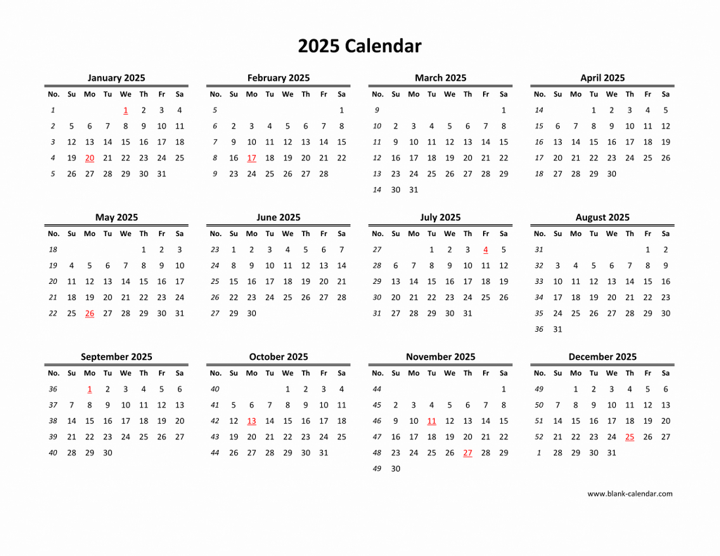 Download Blank Calendar 2025 (12 Months On One Page, Horizontal) in 12 Month One Page Calendar 2025 Free Printable