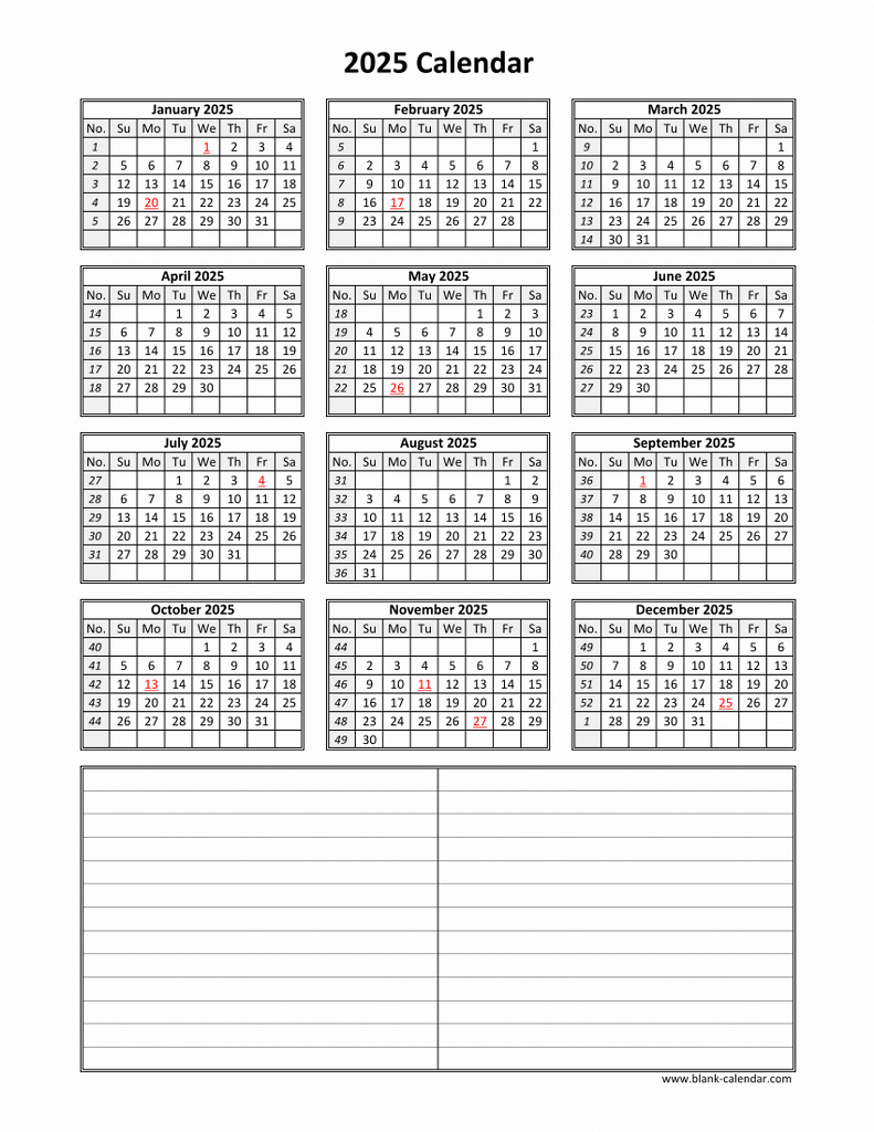 Download Blank Calendar 2025 With Space For Notes (12 Months On within 12 Month One Page Calendar 2025 Free Printable