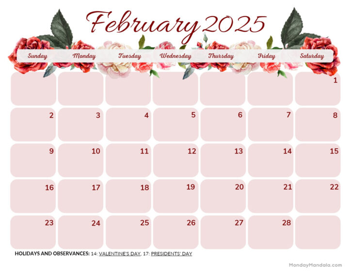 Feb 2025 Calendar with Holidays Printable