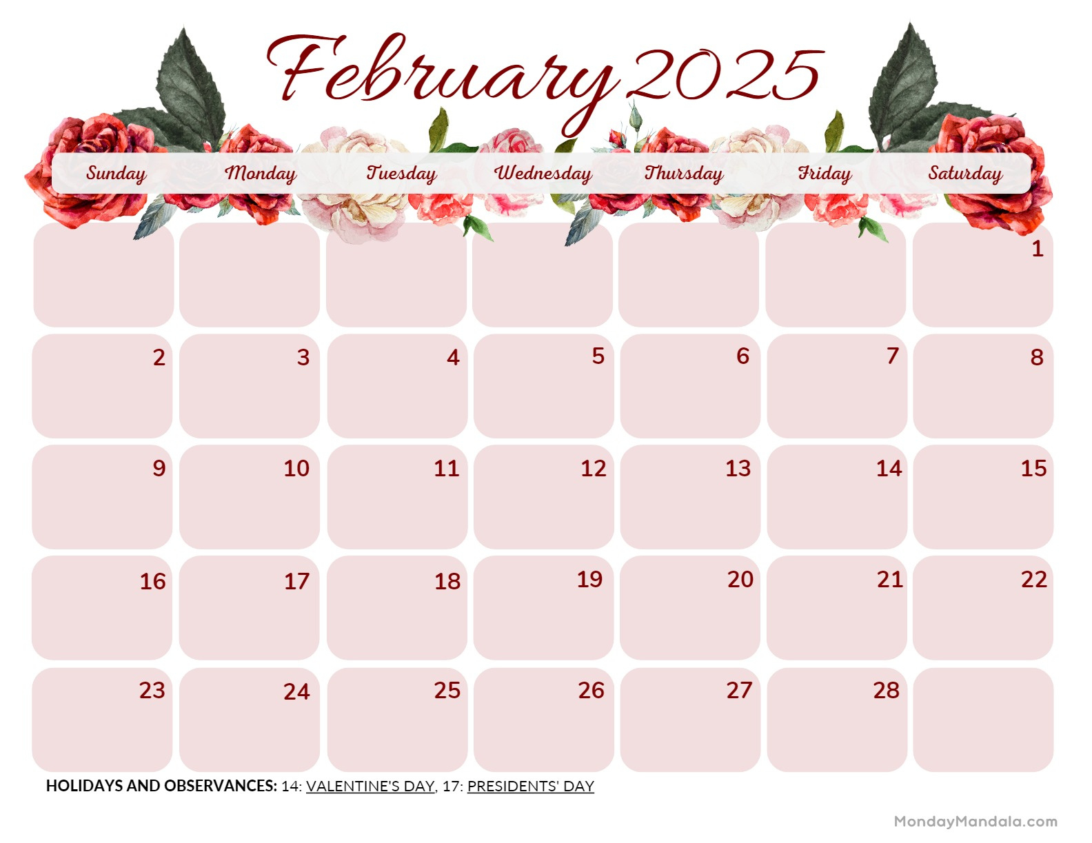 February 2025 Calendar (52 Free Pdf Printables) intended for Feb 2025 Calendar With Holidays Printable