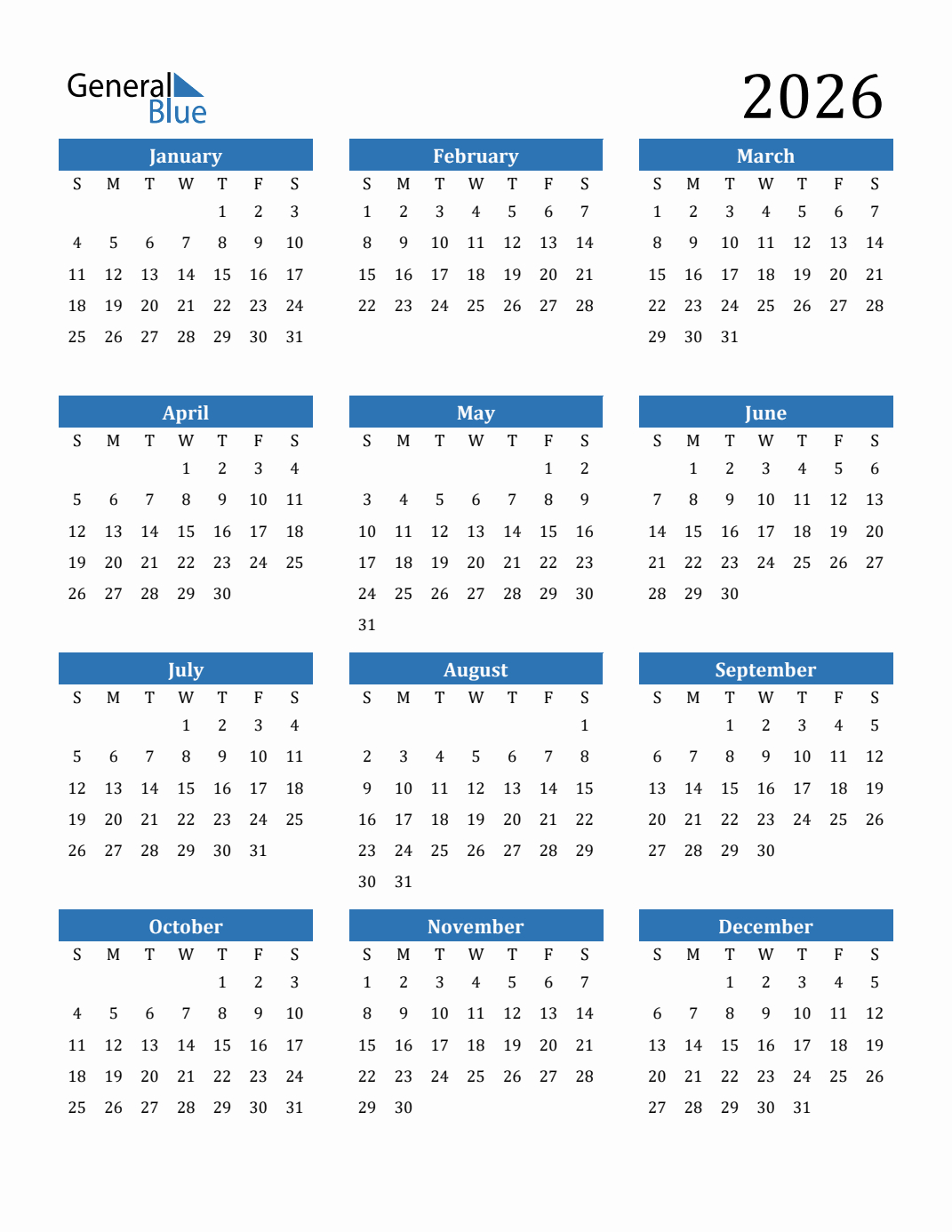 Free 2026 Calendars In Pdf, Word, Excel within Printable 2026 Yearly Calendar