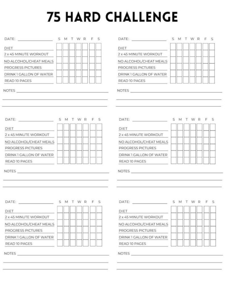 75 Hard Challenge Calendar Printable