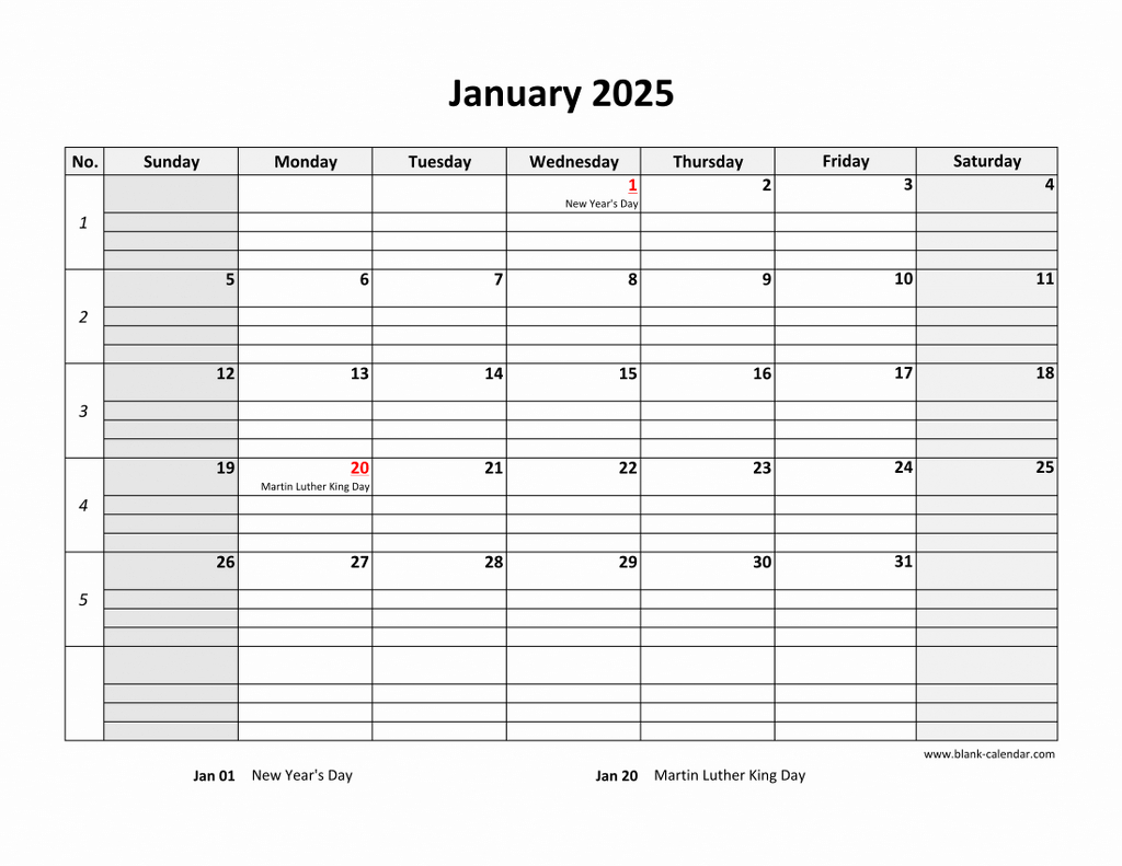 Free Download Printable Calendar 2025, Large Box Grid, Space For Notes intended for 2025 Calendar with Lines Printable