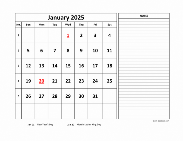 Printable Calendar 2025 with Notes