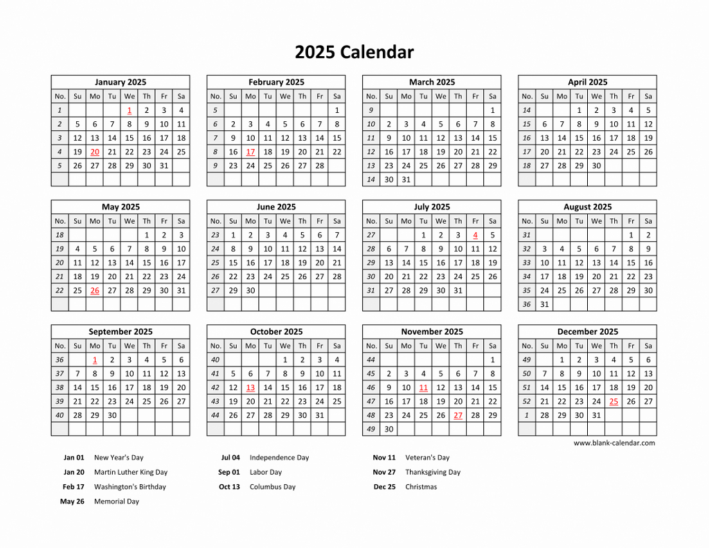 Free Download Printable Calendar 2025 With Us Federal Holidays inside 2025 Calendar Printable with Holidays USA