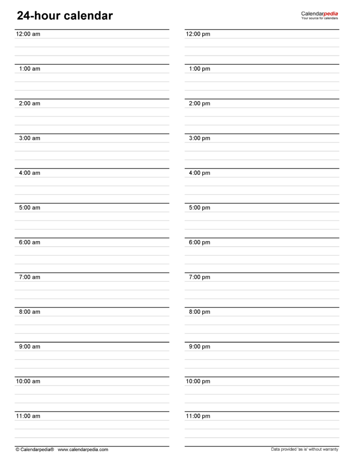 24 Hour Calendar Printable Free