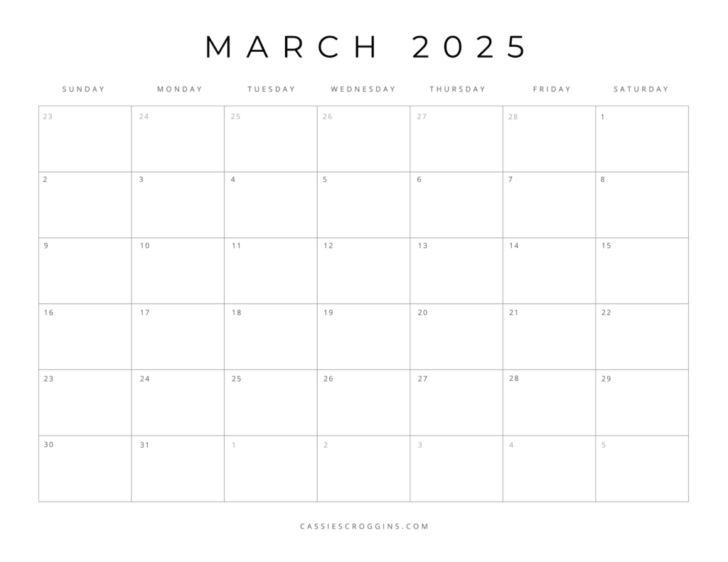 Blank March Calendar 2025 Printable